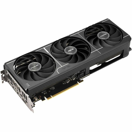 ASUS Prime graphics card shown at angle with three large black cooling fans