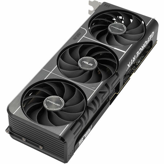 ASUS PRIME GeForce RTX graphics card angled view with three cooling fans and backplate.