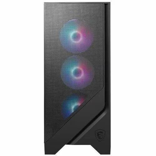 MSI gaming desktop tower with front mesh and RGB emblem