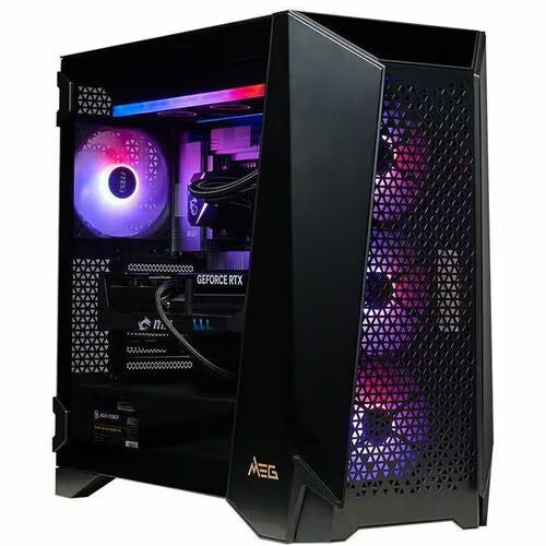 Gaming desktop PC with open side panel, visible RGB fan and graphics card