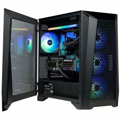 Gaming desktop PC with left side door open, RGB cooling fan and GPU inside