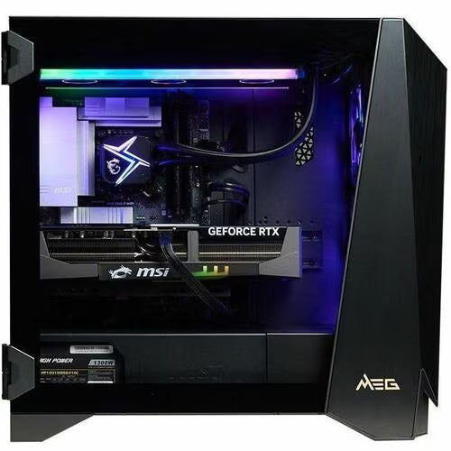 Gaming desktop PC interior view with RGB light bar and GeForce RTX graphics card