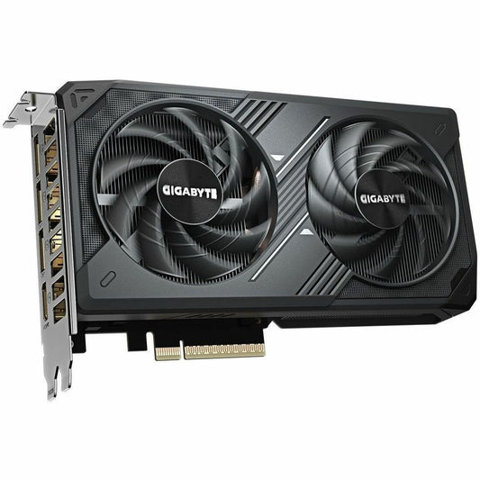 Dual-fan GeForce graphics card with two black cooling fans and metal backplate