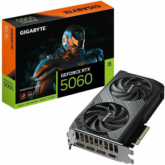 GeForce RTX 5060 graphics card retail box with dual-fan card