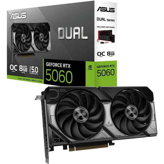 ASUS Dual GeForce RTX 5060 graphics card with two black cooling fans and shroud