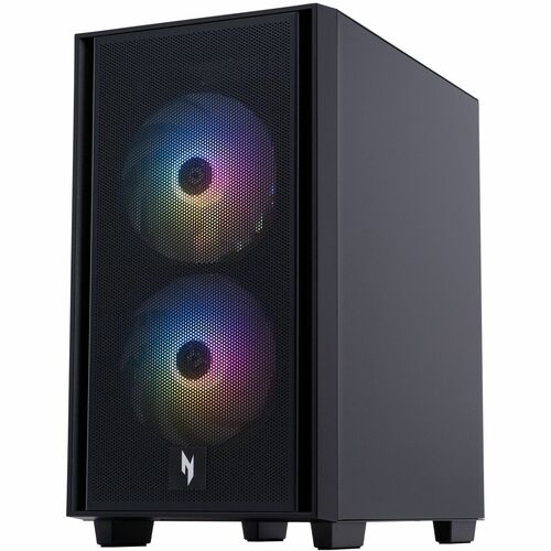 Black gaming desktop tower with two RGB intake fans and mesh front panel