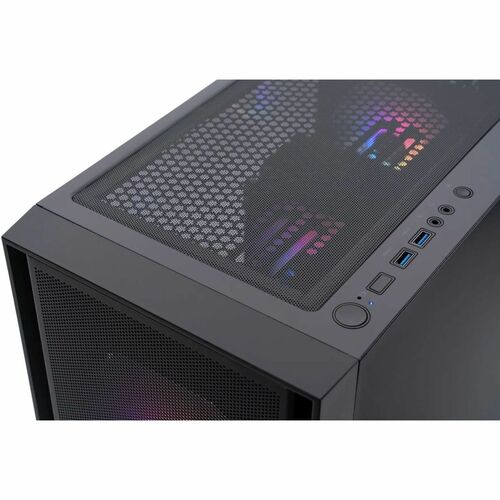 Black desktop I/O panel with USB ports and power button along top edge