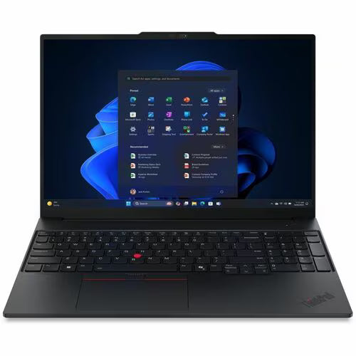 ThinkPad E16 Gen 3 laptop with keyboard and blue desktop display