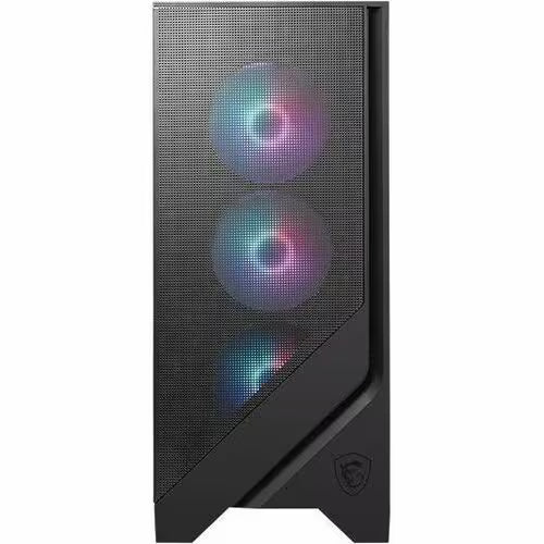 Black gaming desktop tower with RGB front panel fans