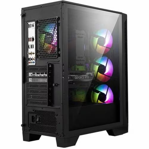 Gaming desktop tower with tempered glass side and RGB cooling fans
