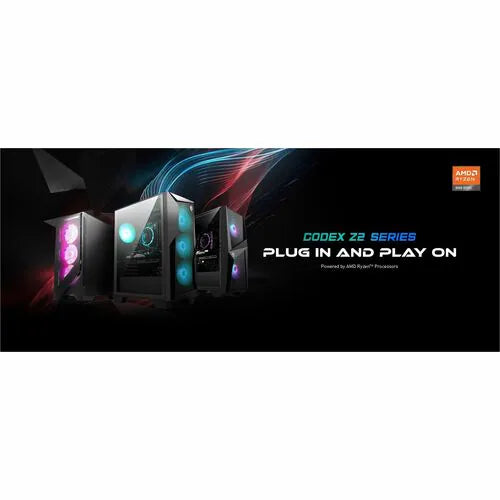 Gaming desktop with colorful RGB lighting on the chassis, front view