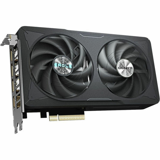 Dual-fan GIGABYTE graphics card with black shroud and dual cooling fans