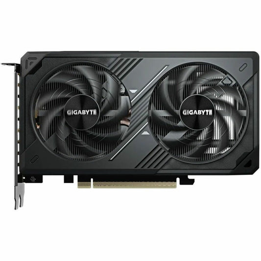 Dual-fan graphics card with GIGABYTE logo on black heatsink shroud