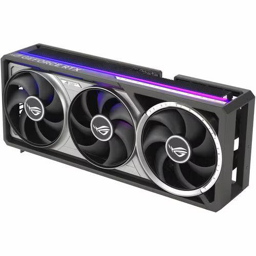 ROG Astral GeForce RTX 5090 graphics card, three fans and purple RGB strip, side view