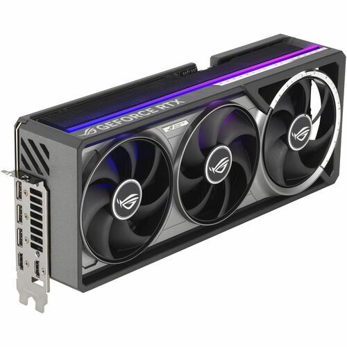 ROG Astral GeForce RTX 5090 graphics card with three black fans and purple light bar