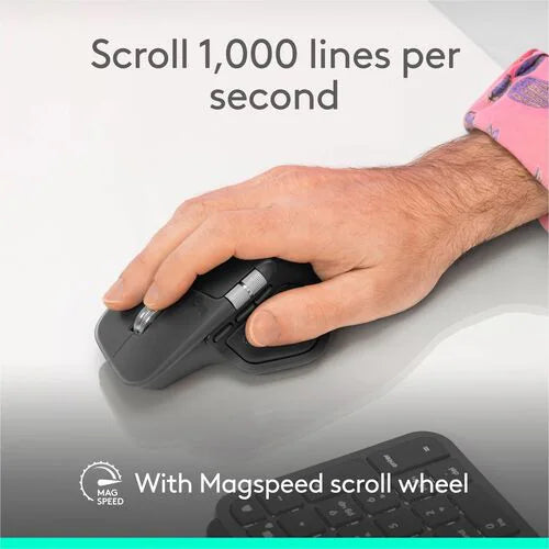 Logitech MX Master 4 mouse with side buttons, hand holding for scrolling