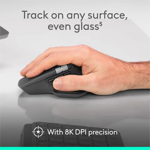 Logitech MX Master 4 mouse with thumb controls, hand resting on top and side buttons