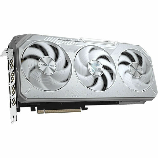 Silver graphics card with three cooling fans and metal shroud.