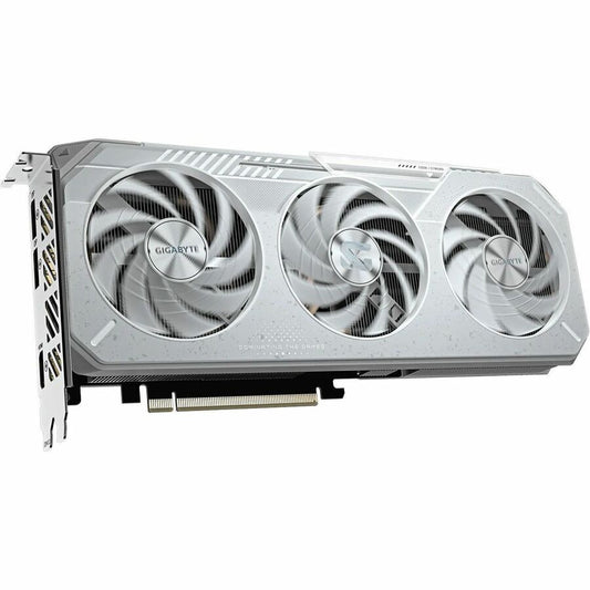 White triple-fan graphics card with vented metal shroud