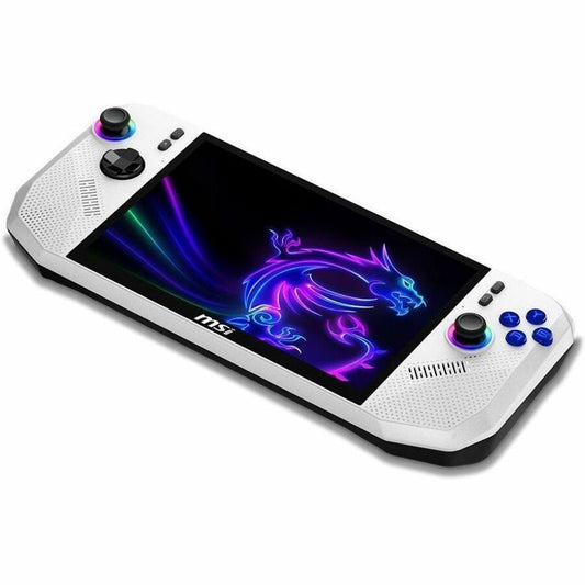 Handheld game console angled view with neon dragon screen and colorful thumbsticks
