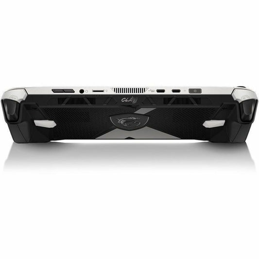 Handheld game console, white and black rear with vents and shield logo