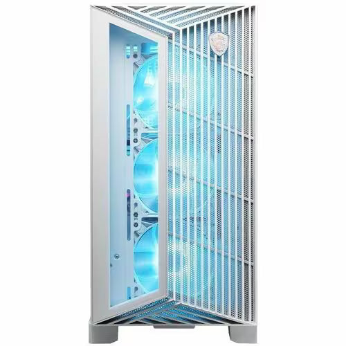 White gaming desktop PC with side tempered glass showing blue LED fans and radiator