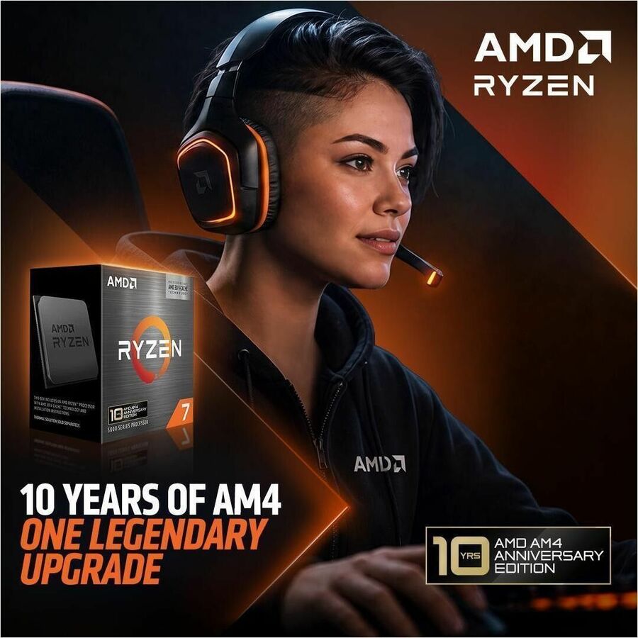 AMD Ryzen 7 processor promo graphic featuring retail box and headset user