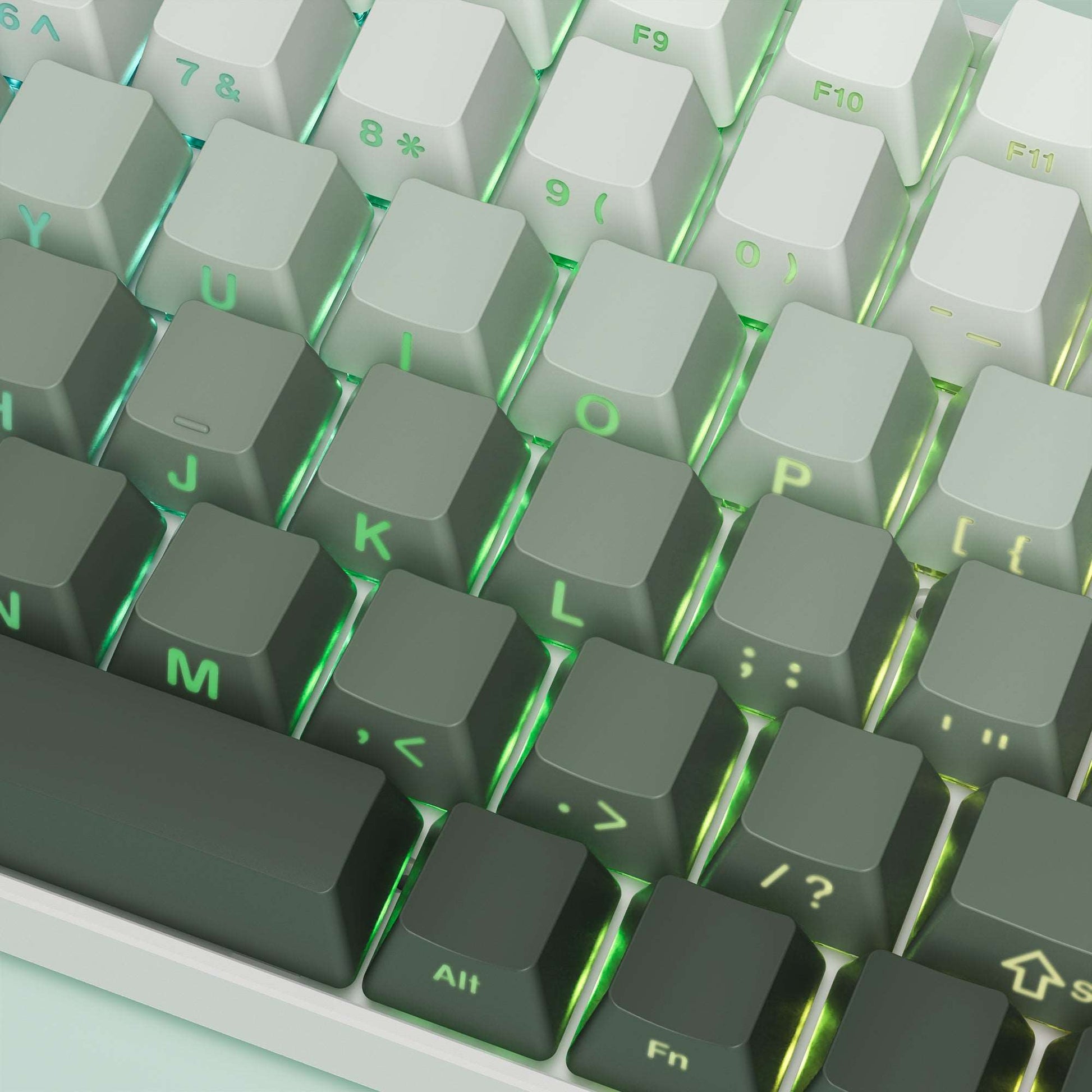 OEM profile keycaps with side-printed letters, dark green/black caps and green-lit legends