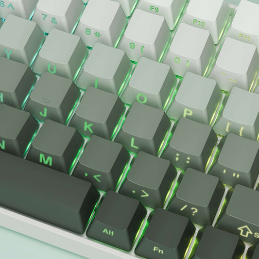 OEM profile keycaps with side-printed letters, dark green/black caps and green-lit legends