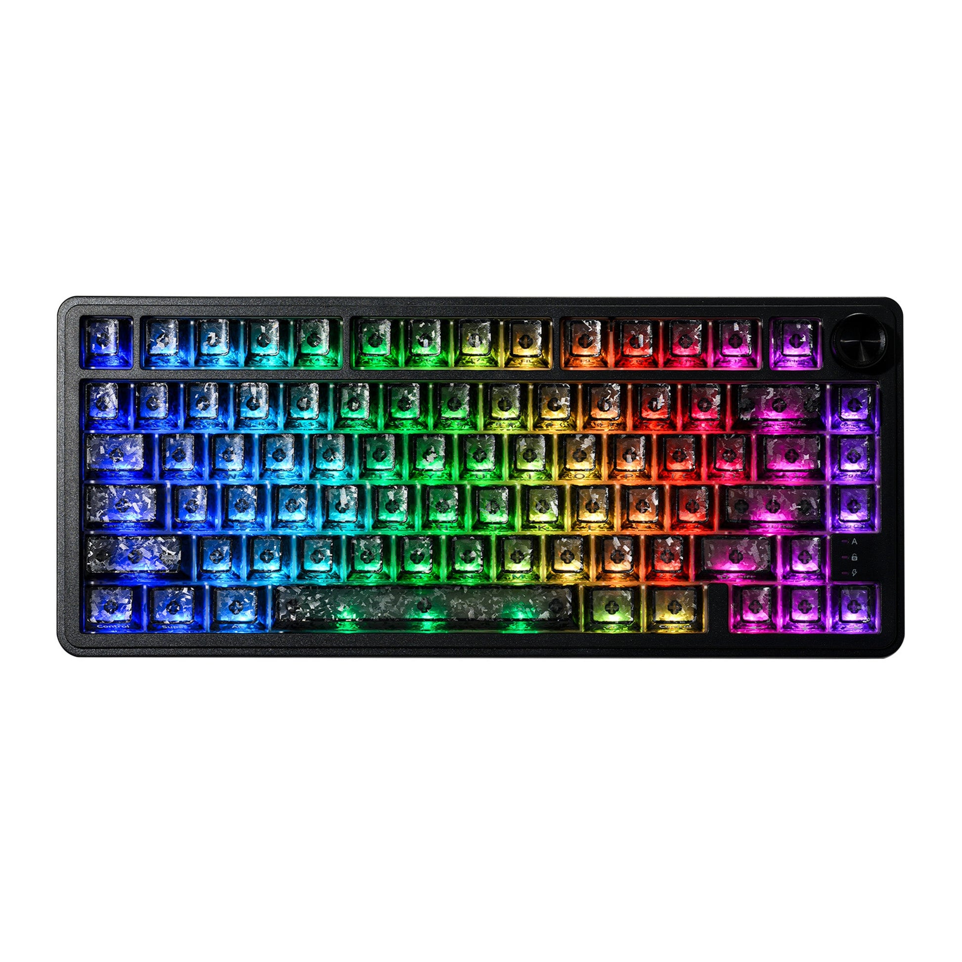75% mechanical keyboard with black case and rainbow RGB backlighting, black rotary knob