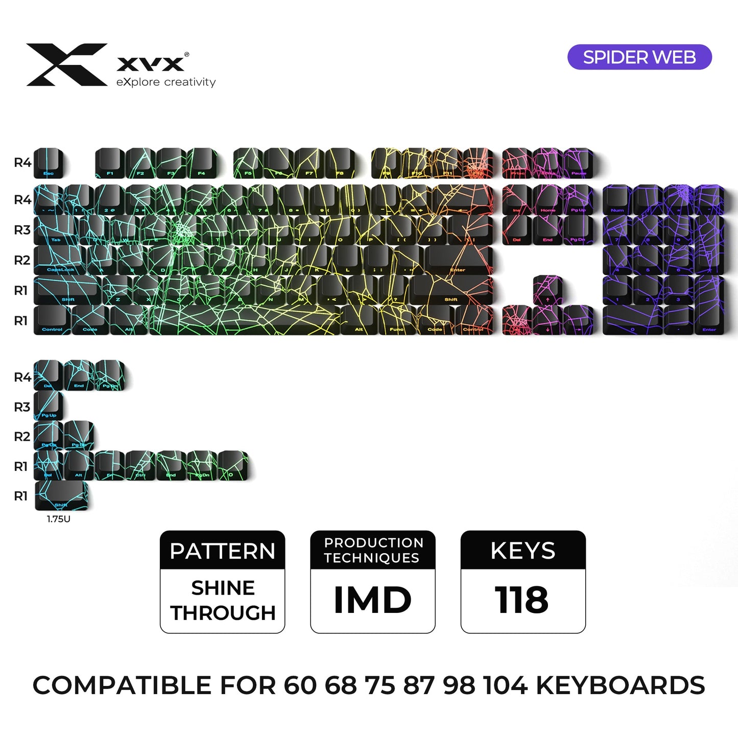 118-key keycap set with spider-web shine-through design, multicolor RGB pattern