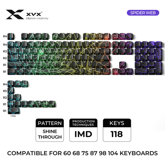 118-key keycap set with spider-web shine-through design, multicolor RGB pattern