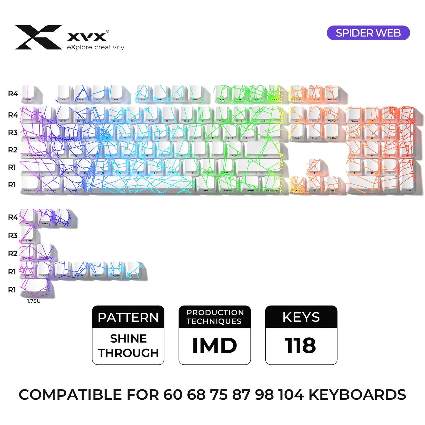 118-key keycap set, spider-web shine-through keys in rainbow RGB gradient