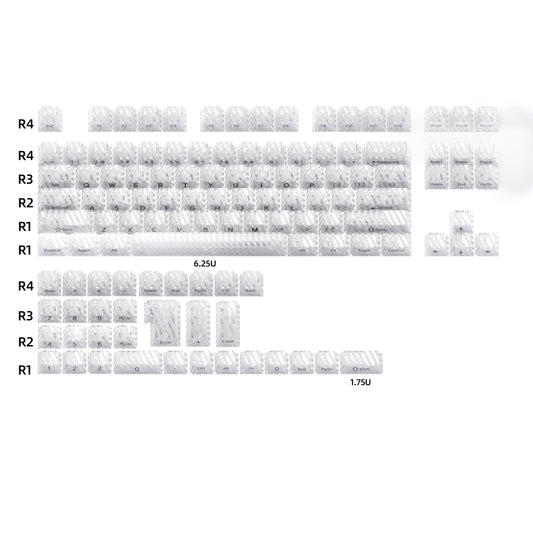 Clear cherry-profile PC keycaps set, R1-R4 rows and 1.75U/6.25U sizes shown