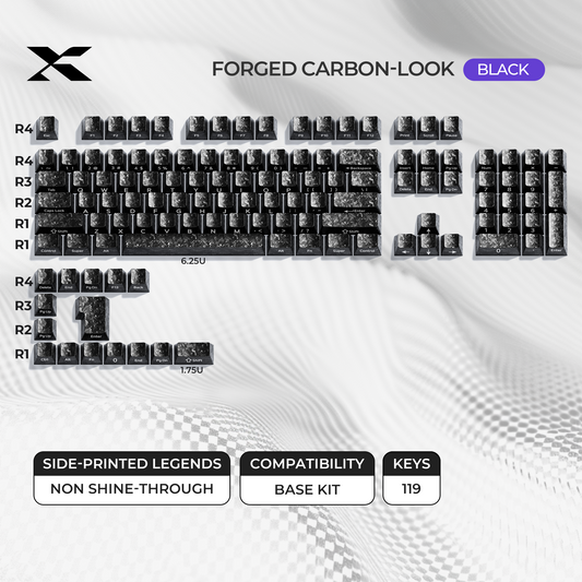 Black PC keycap set with forged carbon-look texture and side-printed legends, non shine-through