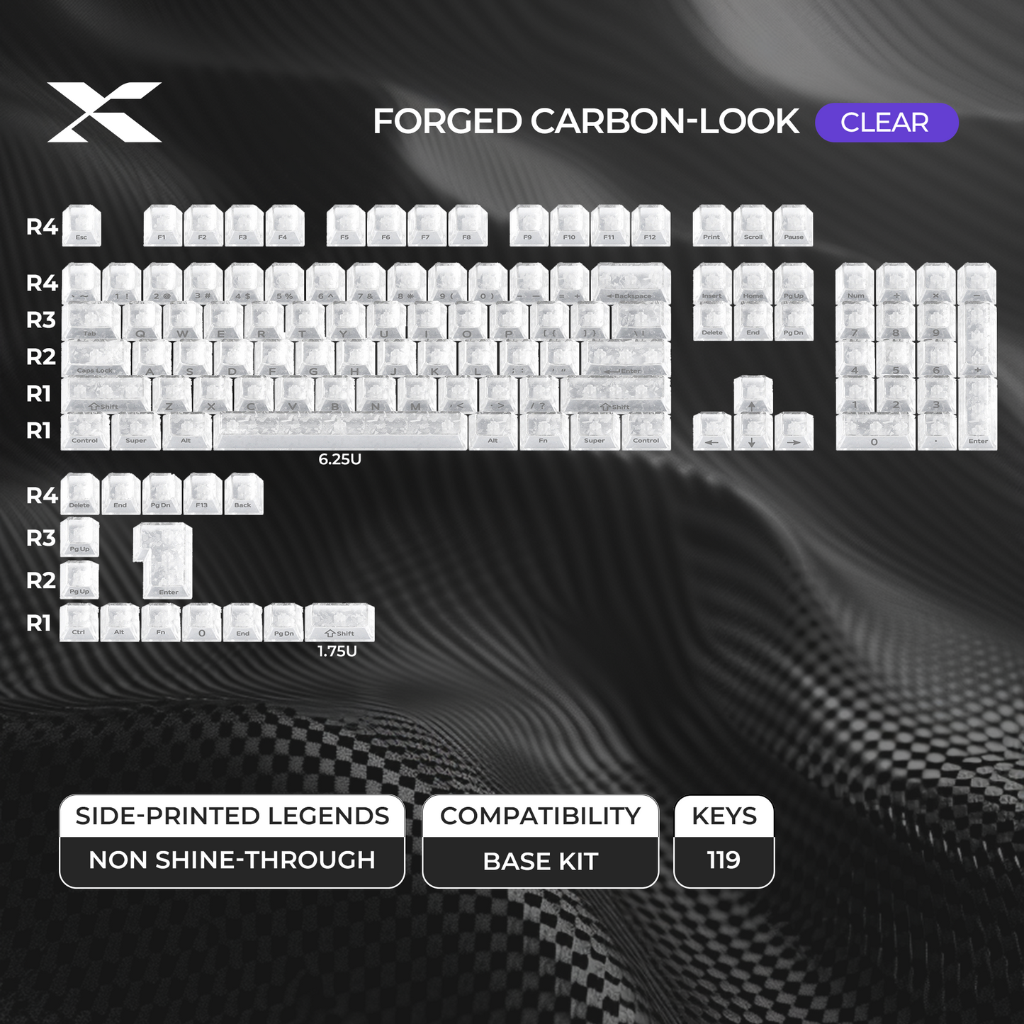 Clear cherry-profile PC keycaps, side-printed non shine-through legends, 119 keys