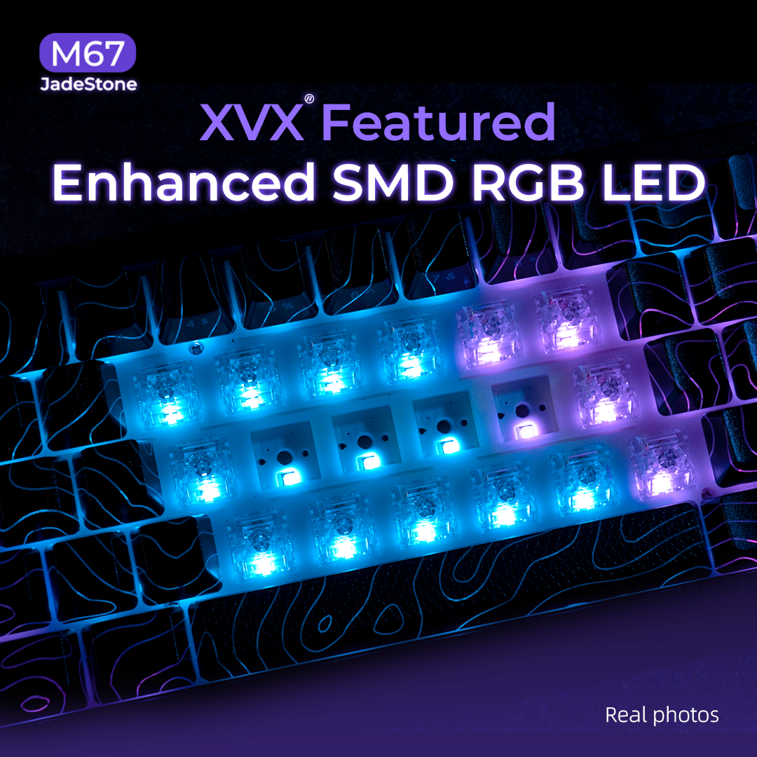 Mechanical keyboard keys with bright blue SMD RGB LEDs under transparent keycaps