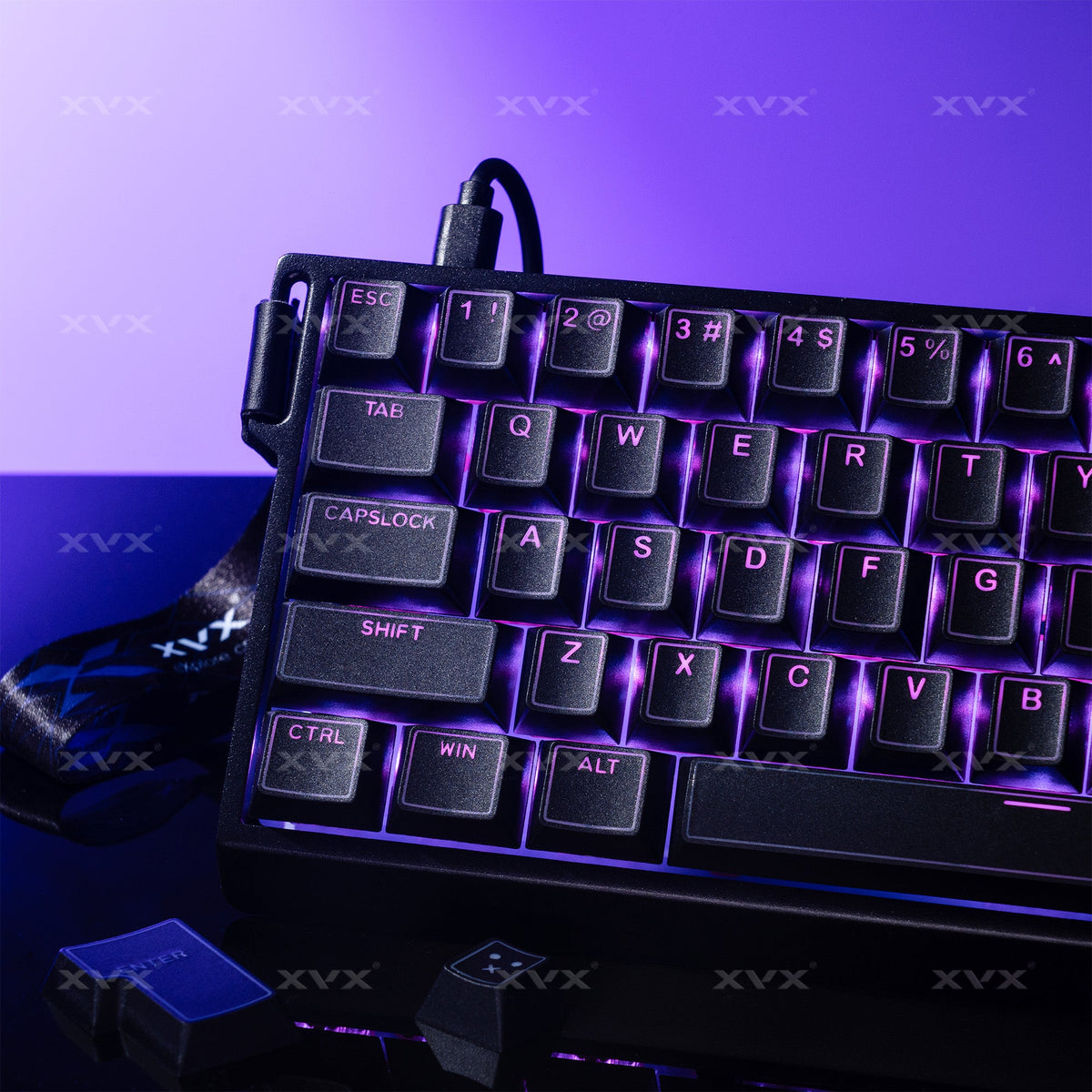 Cherry-profile PBT keycap set on keyboard, purple-lit black keycaps with shine-through legends.