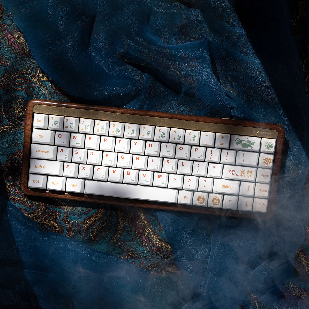 Cherry-profile keycap set with white keycaps and green/gold accent legends