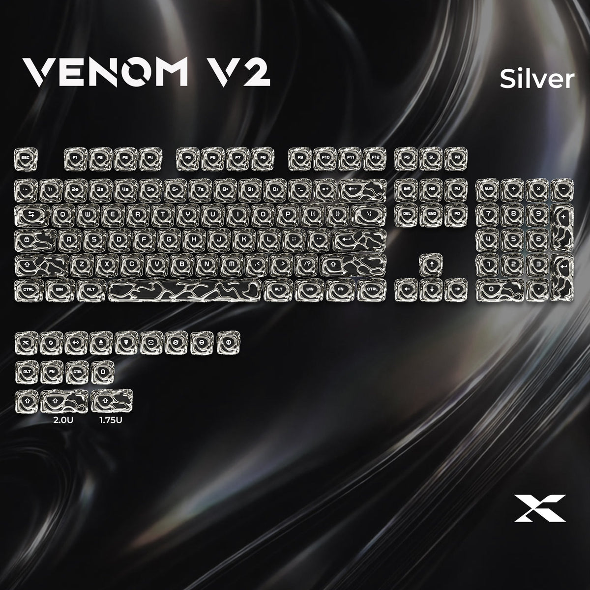 Silver metallic keycap set with engraved symbols, full keyboard layout