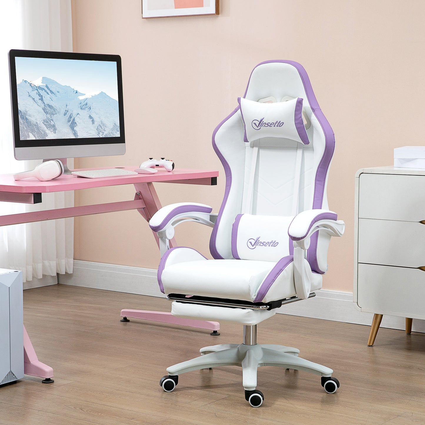 Vinsetto gaming chair with white back and purple side bolsters, reclining armrests