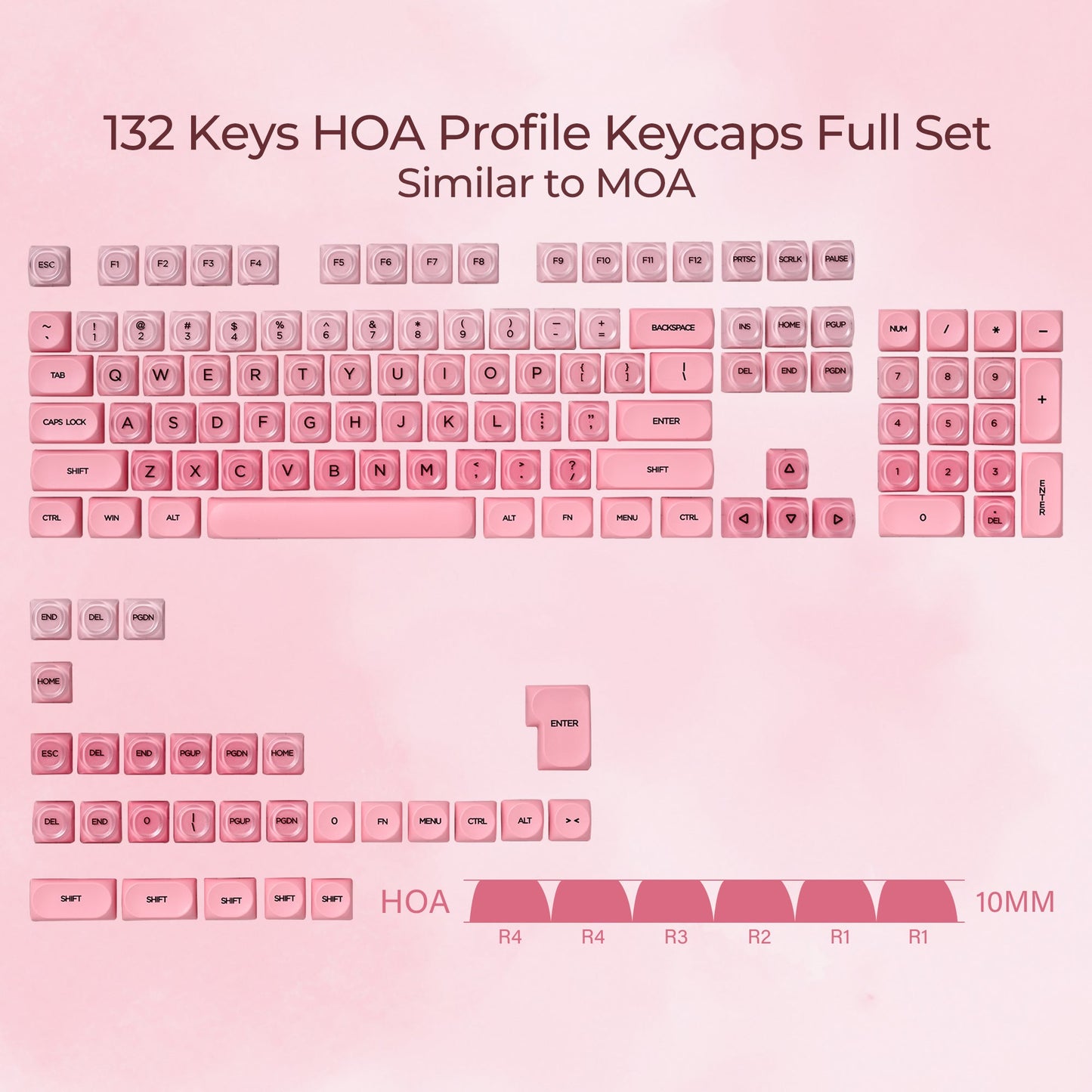 Blush pink HOA profile keycaps set, 132-key layout with sculpted key legends