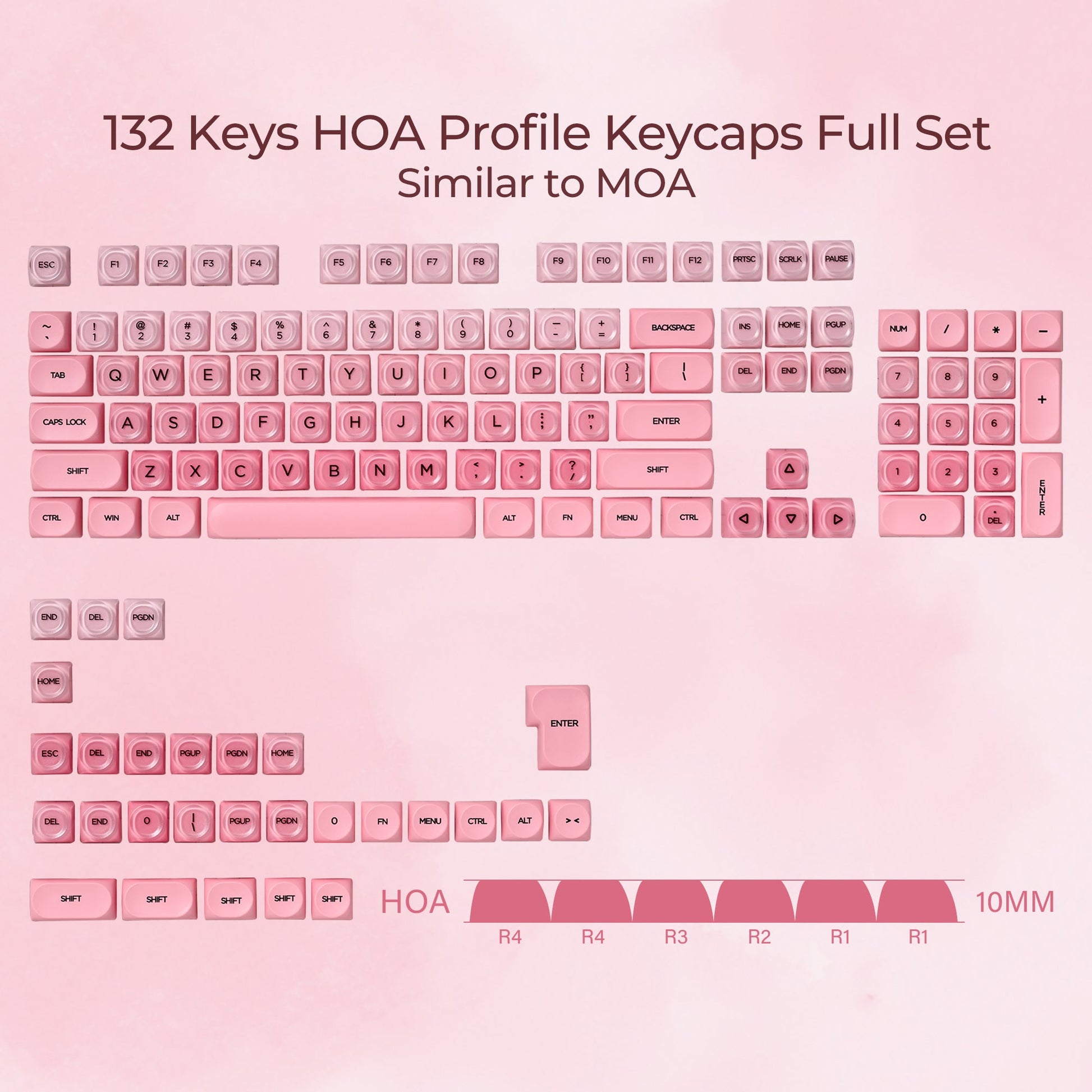 Blush pink HOA profile keycaps set, 132-key layout with sculpted key legends
