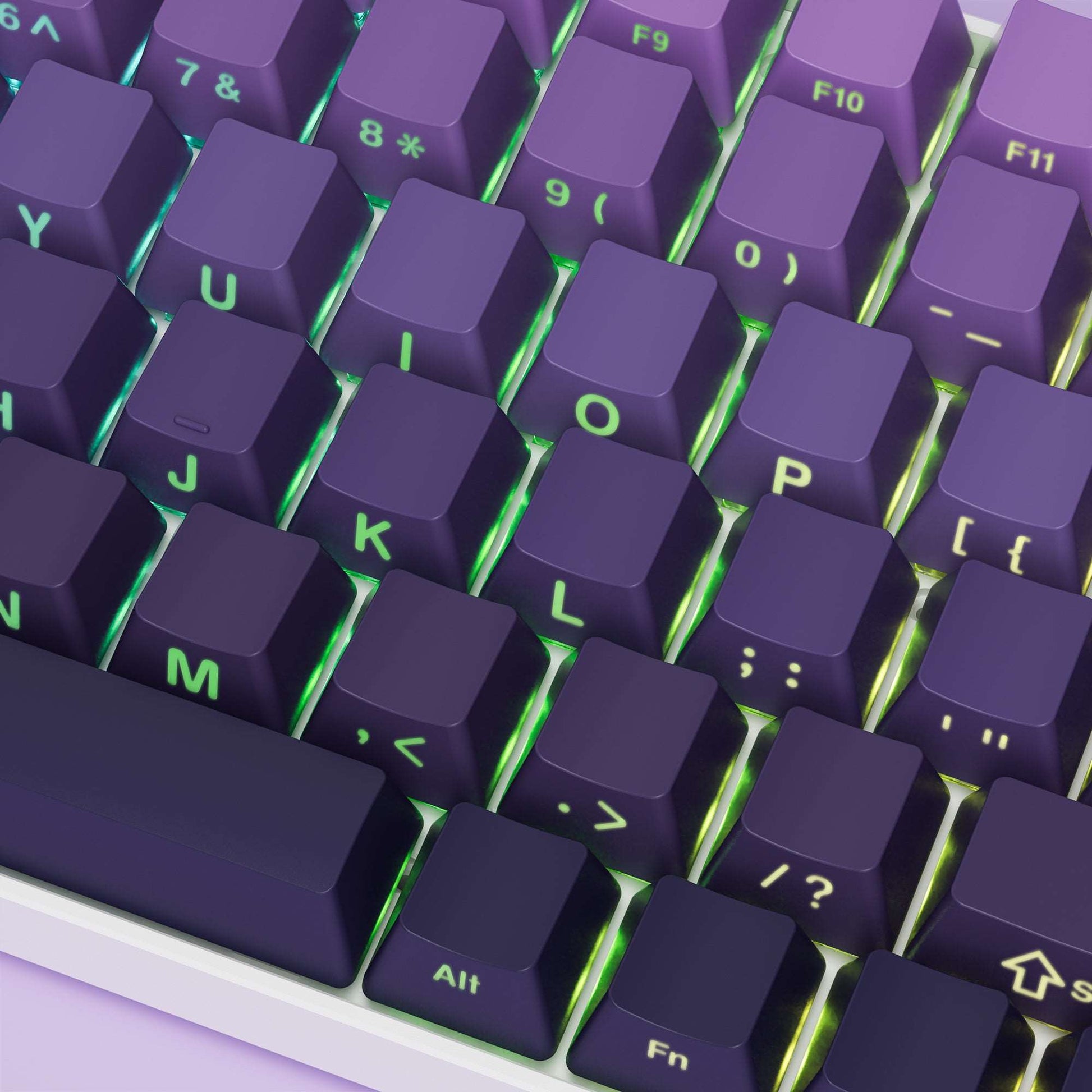 Purple gradient OEM profile keycaps with side-printed letters and numbers