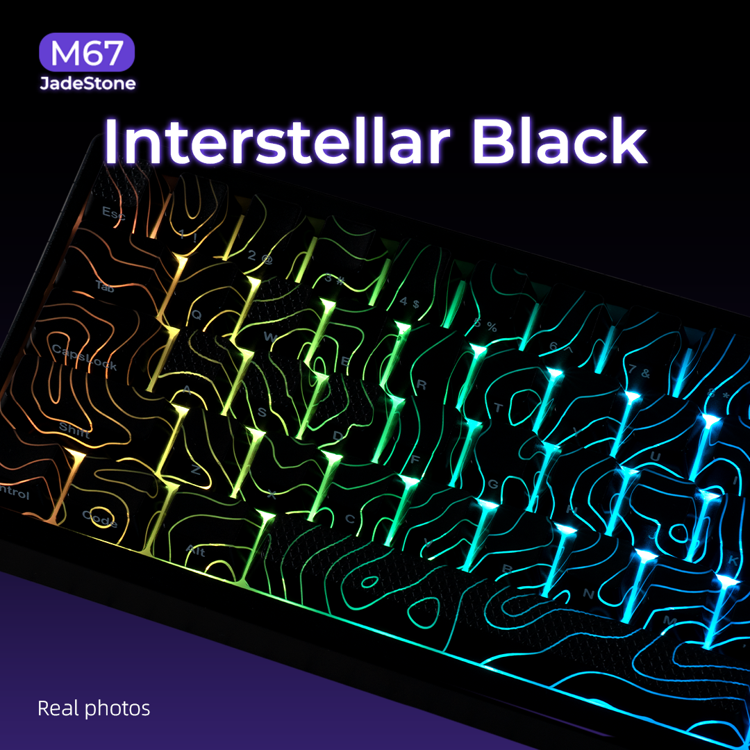 Black mechanical keyboard angled view with neon multicolor circuit RGB lighting on keybed