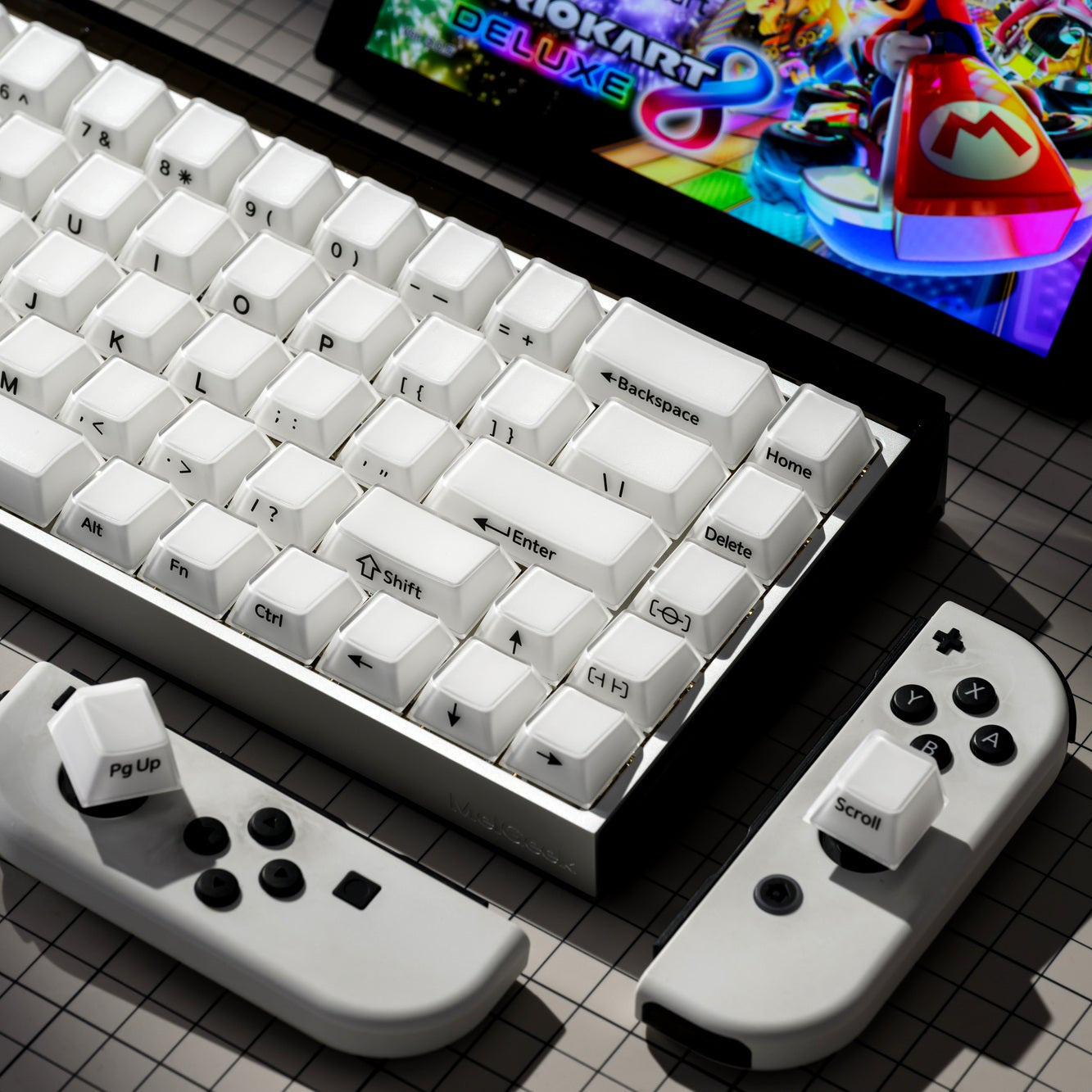 Keyboard keycap set with white translucent caps and blue legends, angled view.