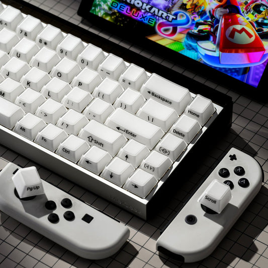 Keyboard keycap set with white translucent caps and blue legends, angled view.
