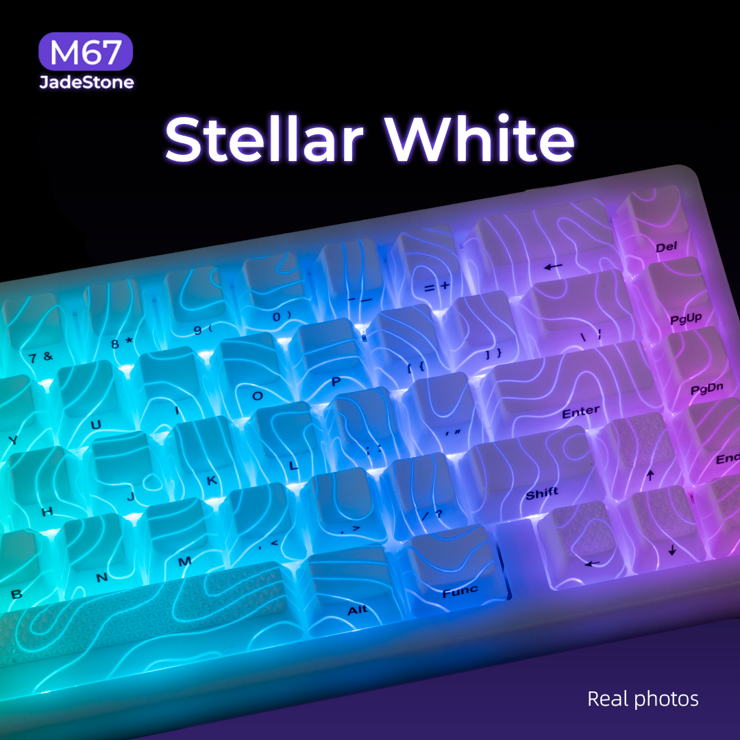 Stellar White mechanical keyboard showing per-key RGB lighting across the key matrix