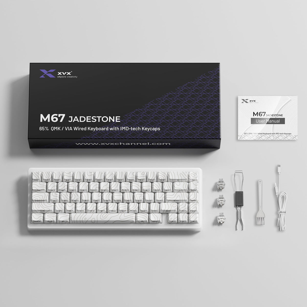 Stellar White mechanical keyboard kit with keycaps, USB cable, and accessories laid out