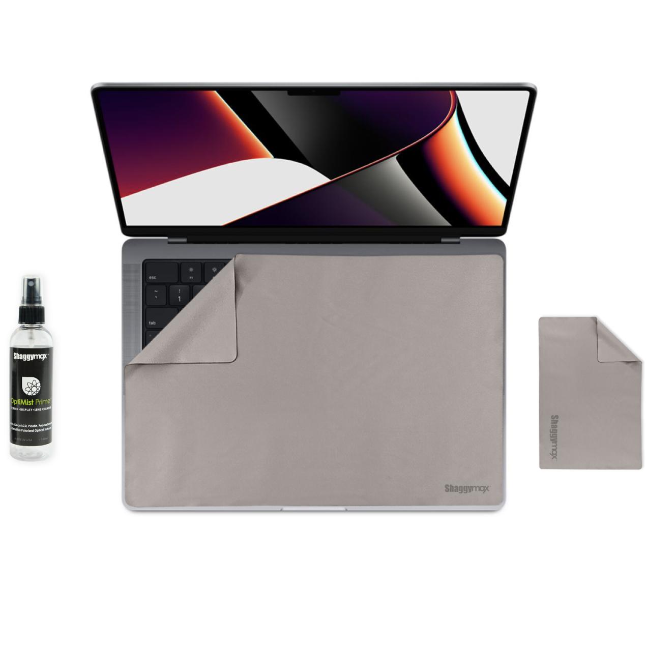 14-inch MacBook Pro protector kit with gray keyboard cover, screen film, and cleaner spray